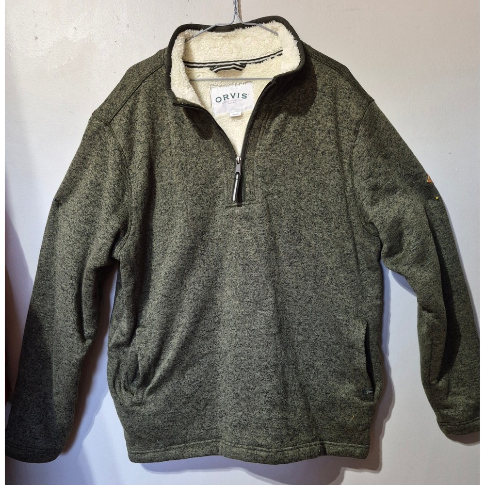 Orvis Mens XL Sherpa Lined Quarter Zip Pullover Sweater Heather Olive Green